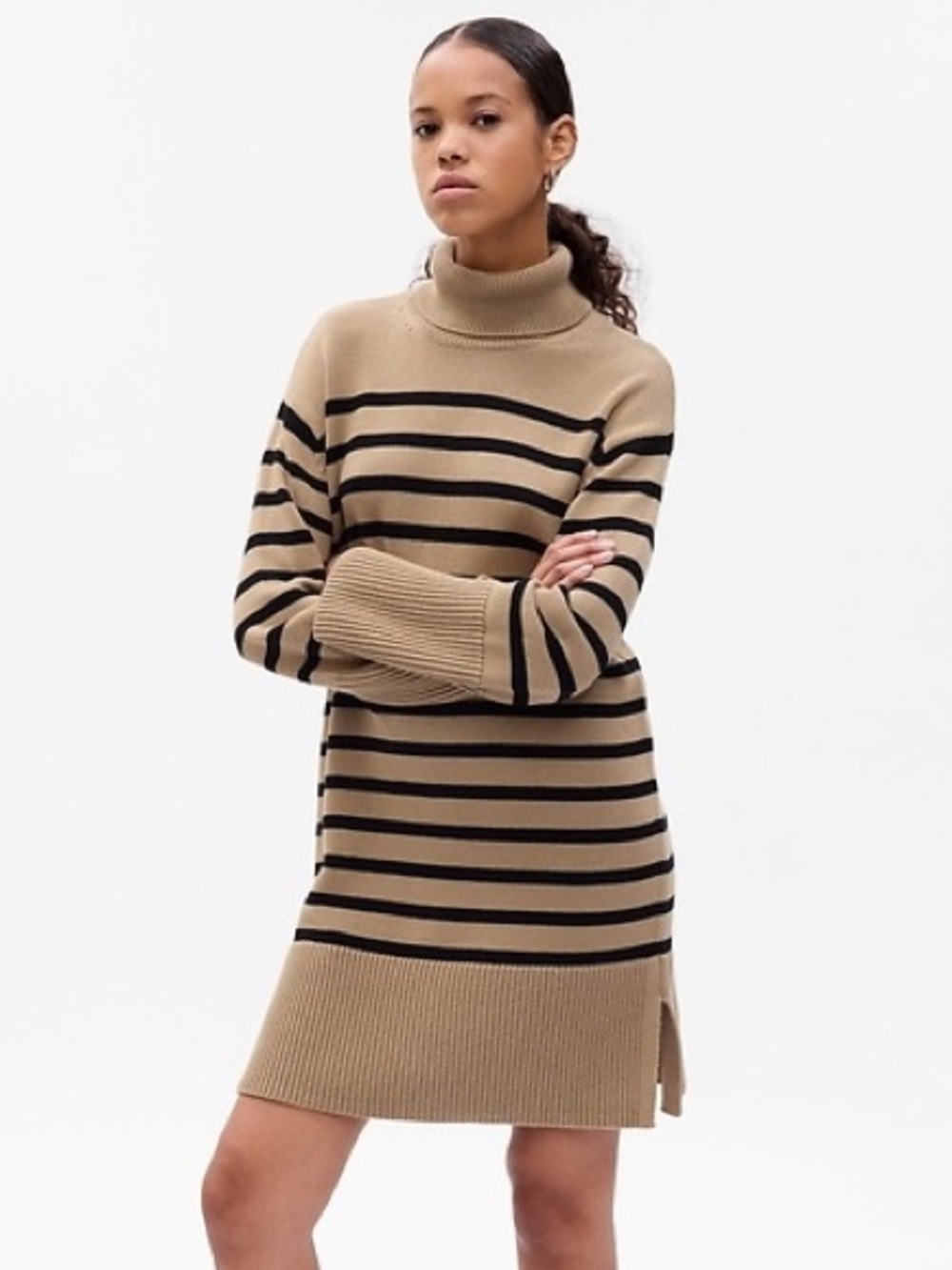 Gap Sz M Knit Cotton Tan Strip Nautical Relaxed Casual Turtleneck Sweater Dress